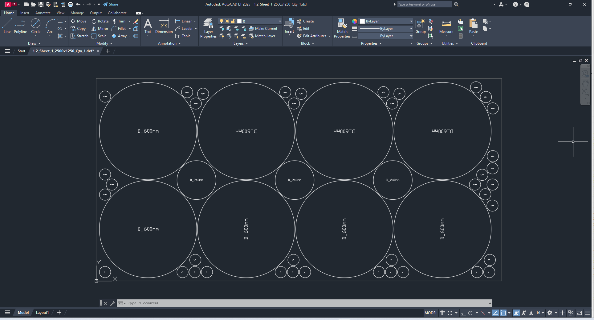 A CADcompiler master layout DXF opened in AutoCAD, showing parts nested along their true contours on a 2500 by 1250 millimetre sheet.